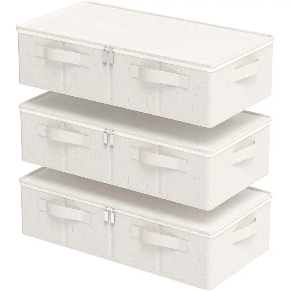 

Набор из 3 бежевых коробок для хранения под кроватью с крышками для одежды, постельного белья и одеял - органайзеры 23.6x11.8x5.9 дюймов