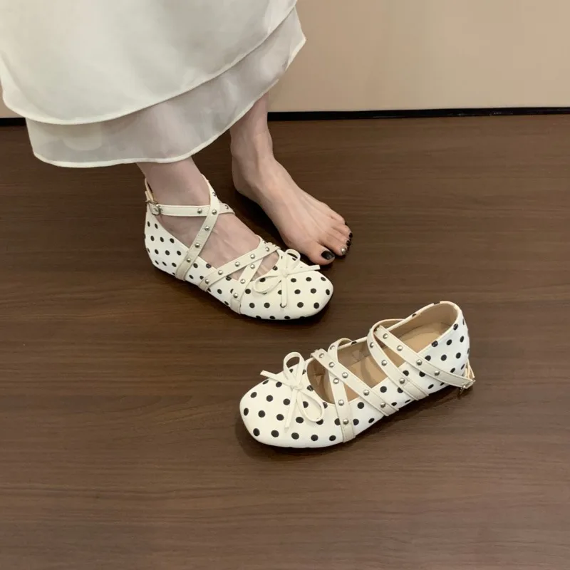 Polka Dot Cross Ankle Strap Women's Mary Jane Shoes Comfort Internal Elevation Shoes 2026 Spring Autumn Daily Walking Flat Shoes