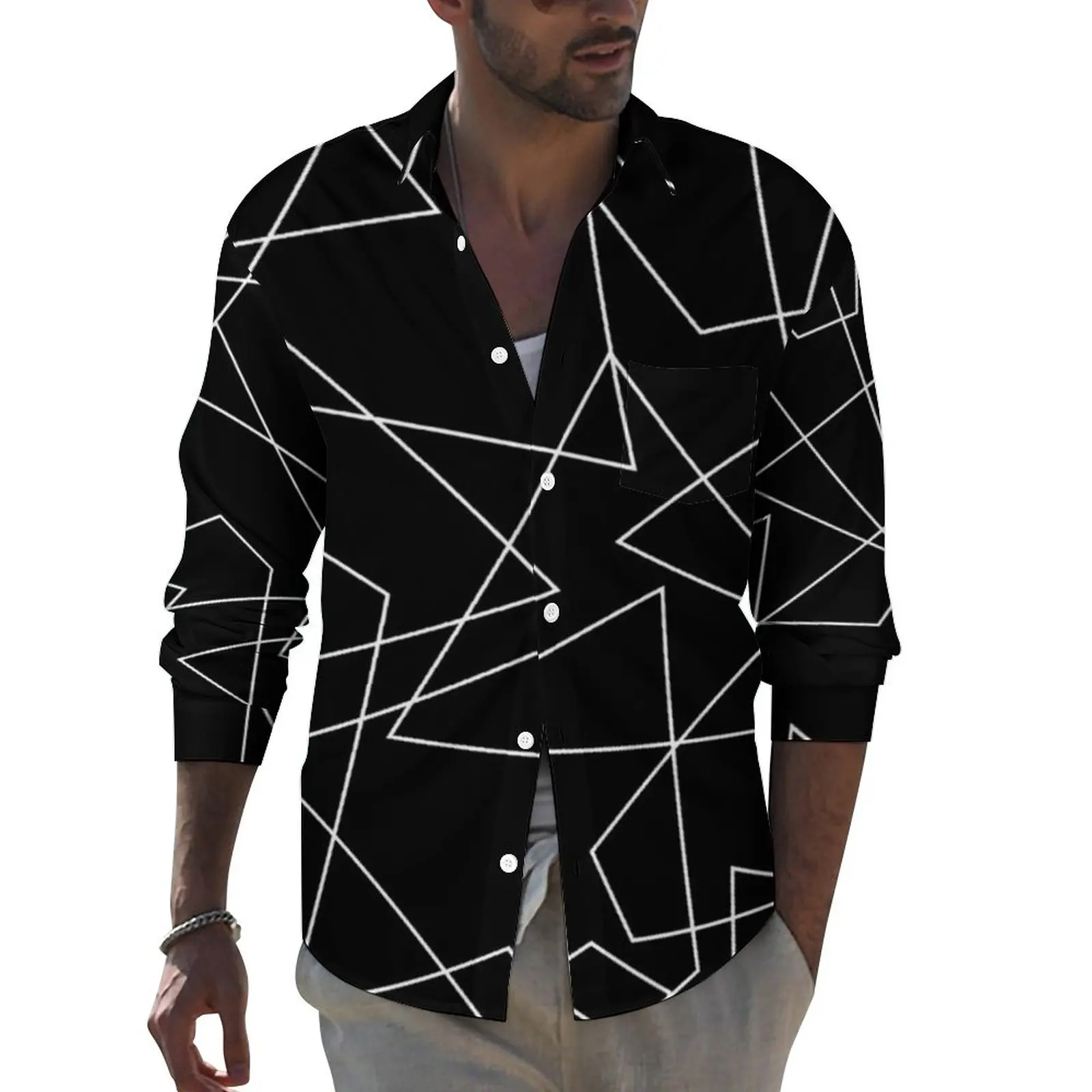 

Abstract Geometry Aesthetic Casual Shirt Men White Line Print Shirt Spring Trendy Blouses Long Sleeve Printed Oversize Clothing