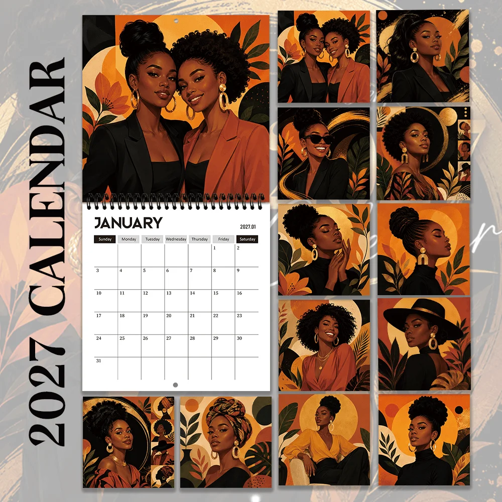 1pc 2027 African Art Woman Wall Calendar,12‑Month Planner,Gift For Back‑to‑School,Christmas,New Year,Free Stickers Included