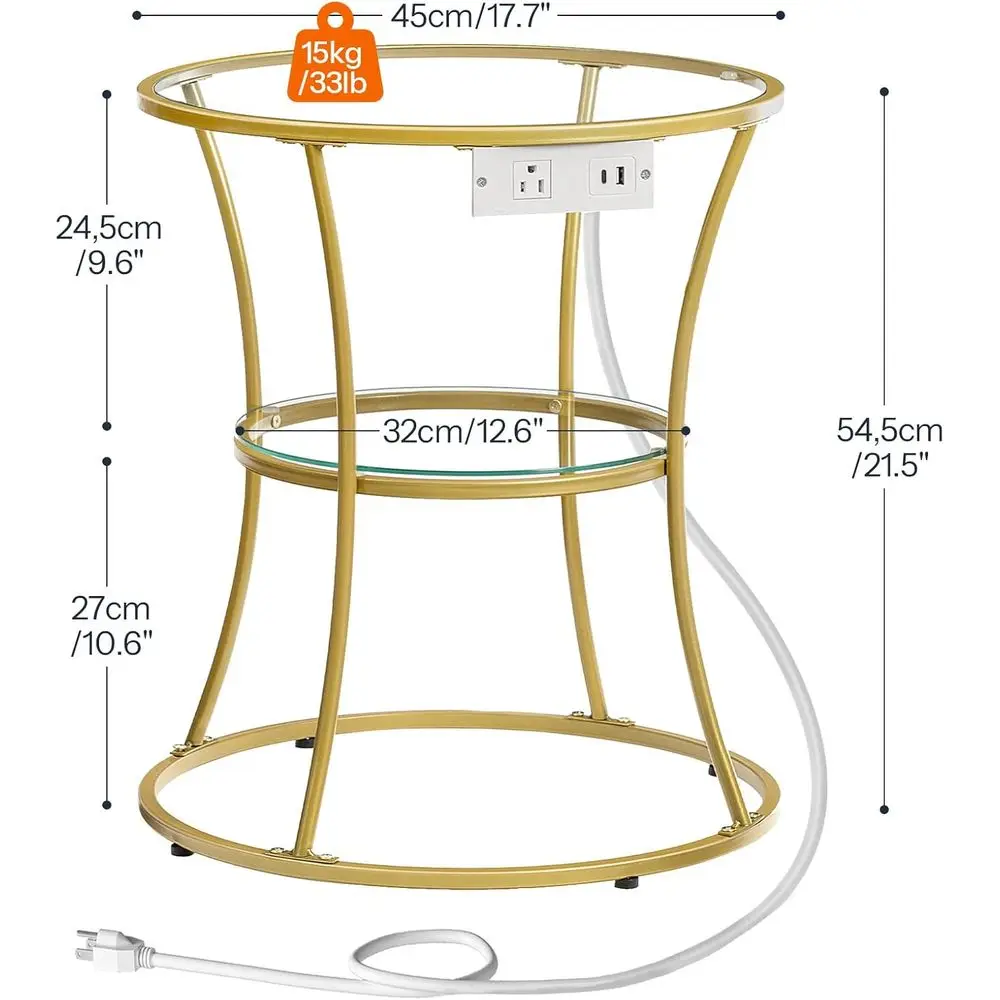 Round Coffee End Table with Charging Station, 2-Tier Small Accent Side Table with Glass Tabletop, Round Nightstand for Small Spa