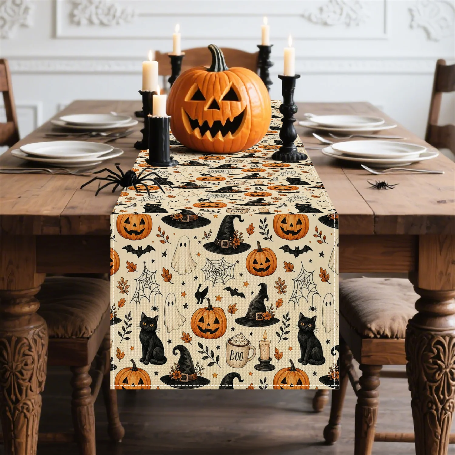 Halloween Table Runner, Black Cat Witch Hat Pumpkin Ghost Pattern, Rustic Farmhouse Decor for Dining Room Kitchen Table Party