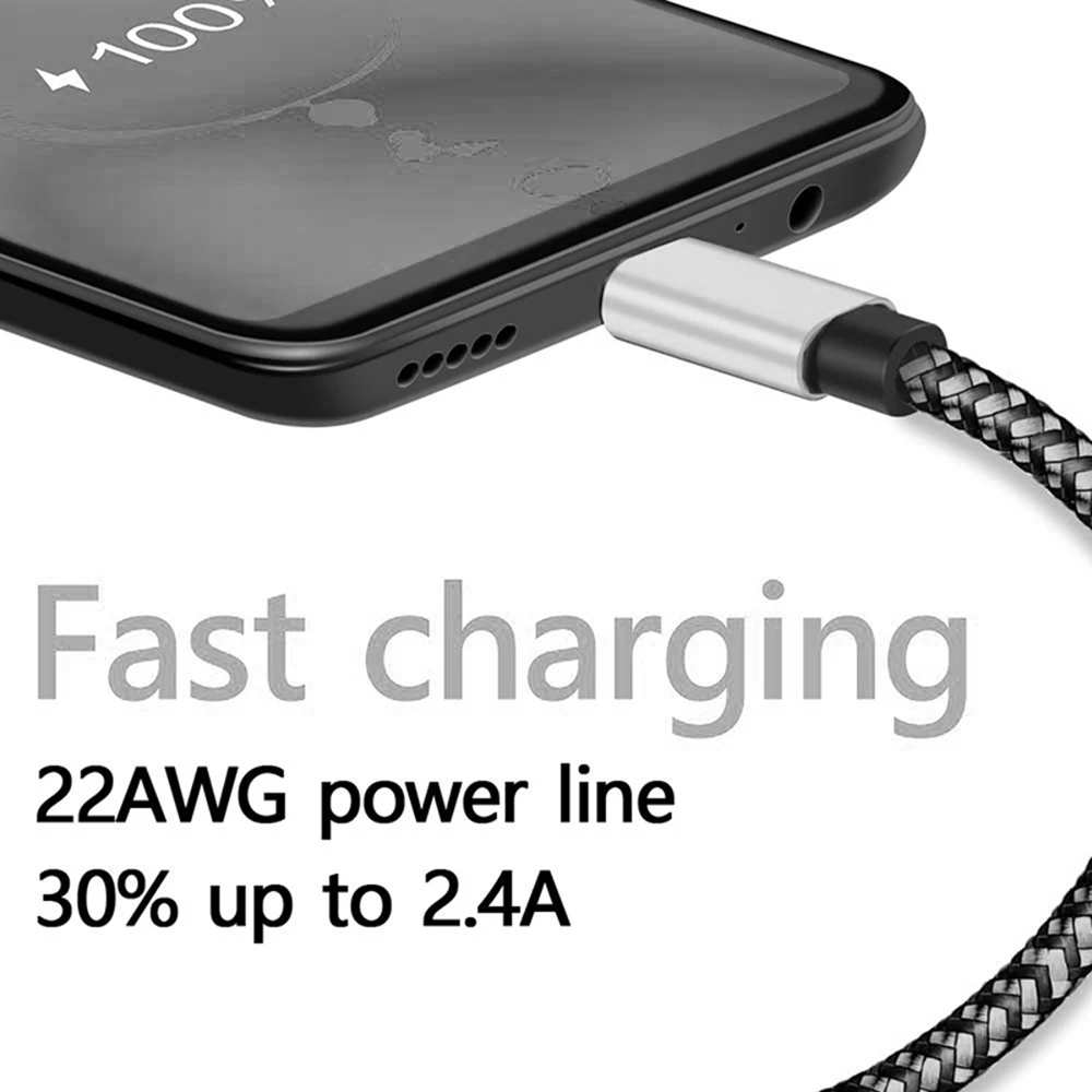 USB A To Type C Cable Mobile Phone Line 2.4A Fast Charging Nylon Data Mirco Type-C Charger Cord For Xiaomi 12 Samsung S22 Redmi