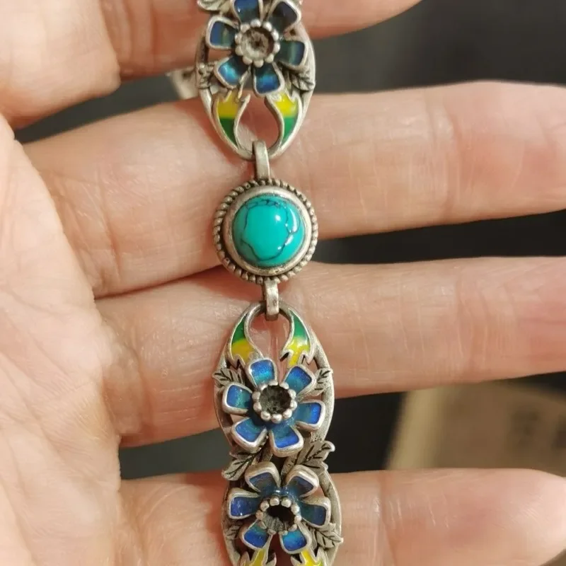 Vintage Handcrafted Old Silver Bracelet, Inlaid Turquoise, Flower Blooming Fortune Design, Antique Collectible Jewelry