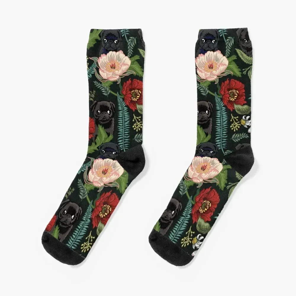 

Botanical and Black Pugs Socks crazy sports and leisure custom sports colored Men Socks Women's