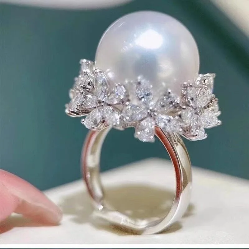 

Gorgeous HUGE AAAA+ 15-16Mm Round Natural South Sea White Women's Pearl Ring 925 Silver