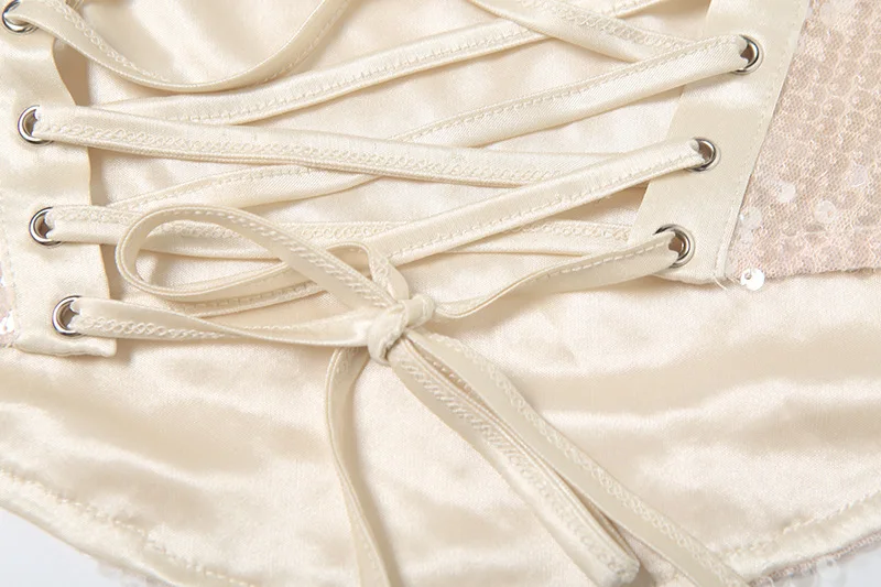 Fashion Sequins Patchwork Satin Camisole Crop Tops Women Sexy Spaghetti Straps Lace Up Backless Irregular Corset Camis Vests