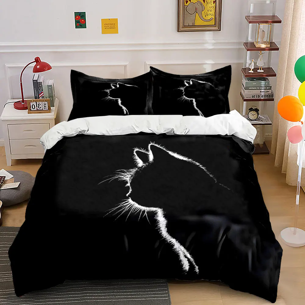 Silhouette of a cat black background Print Bedding Set 1 Duvet Cover 2 Pillowcases for Adult and Children Luxury Gift Full Size
