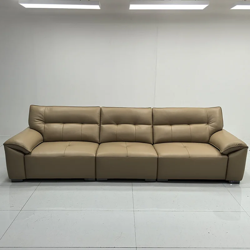 

！@Sofa Italian Minimalist Leather Sofa Living Room Modern Minimalist High Backrest Yellow Cowhide Straight Lined Leather Sofa