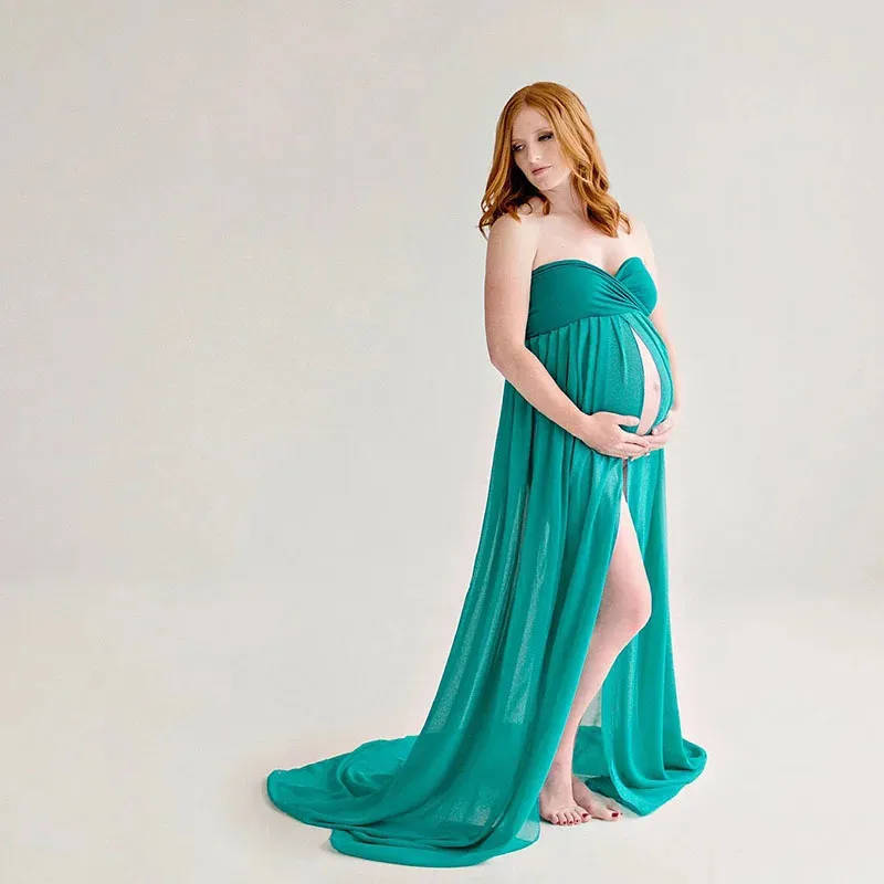 

Sexy Shoulderless Front Split Maxi Maternity Dress For Photography Props Summer Beach Pregnant Pregnancy Photo Shooting Dress