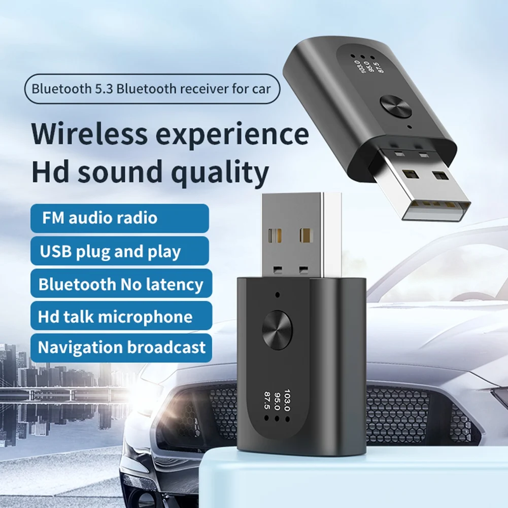 B63B-USB Bluetooth 5.3 อะแดปเตอร์เครื่องรับสัญญาณไร้สายเครื่องส่งสัญญาณบลูทูธพร้อมไมโครโฟนแฮนด์ฟรีสําหรับรถยนต์พร้อมวิทยุ FM