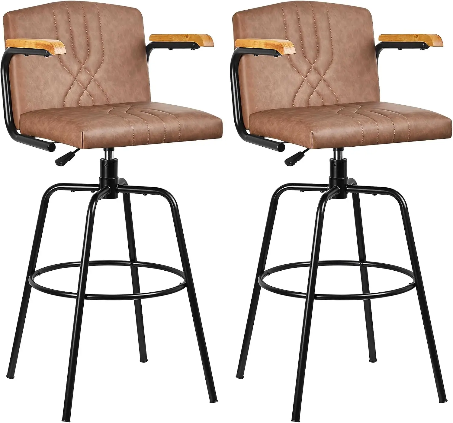 Bar Stools Set of 2, Swivel Faux Leather Bar Stools with Backs and Footrest, for Kitchen Islands, Dining Counters, Home Bars, Brown