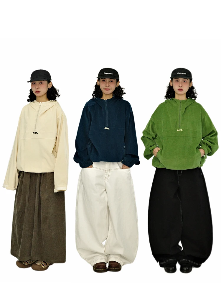 

Повседневная толстовка Guluwoo в японском ретро-стиле для пар, весна-осень, простая свободная вельветовая толстовка с длинным рукавом из хлопка