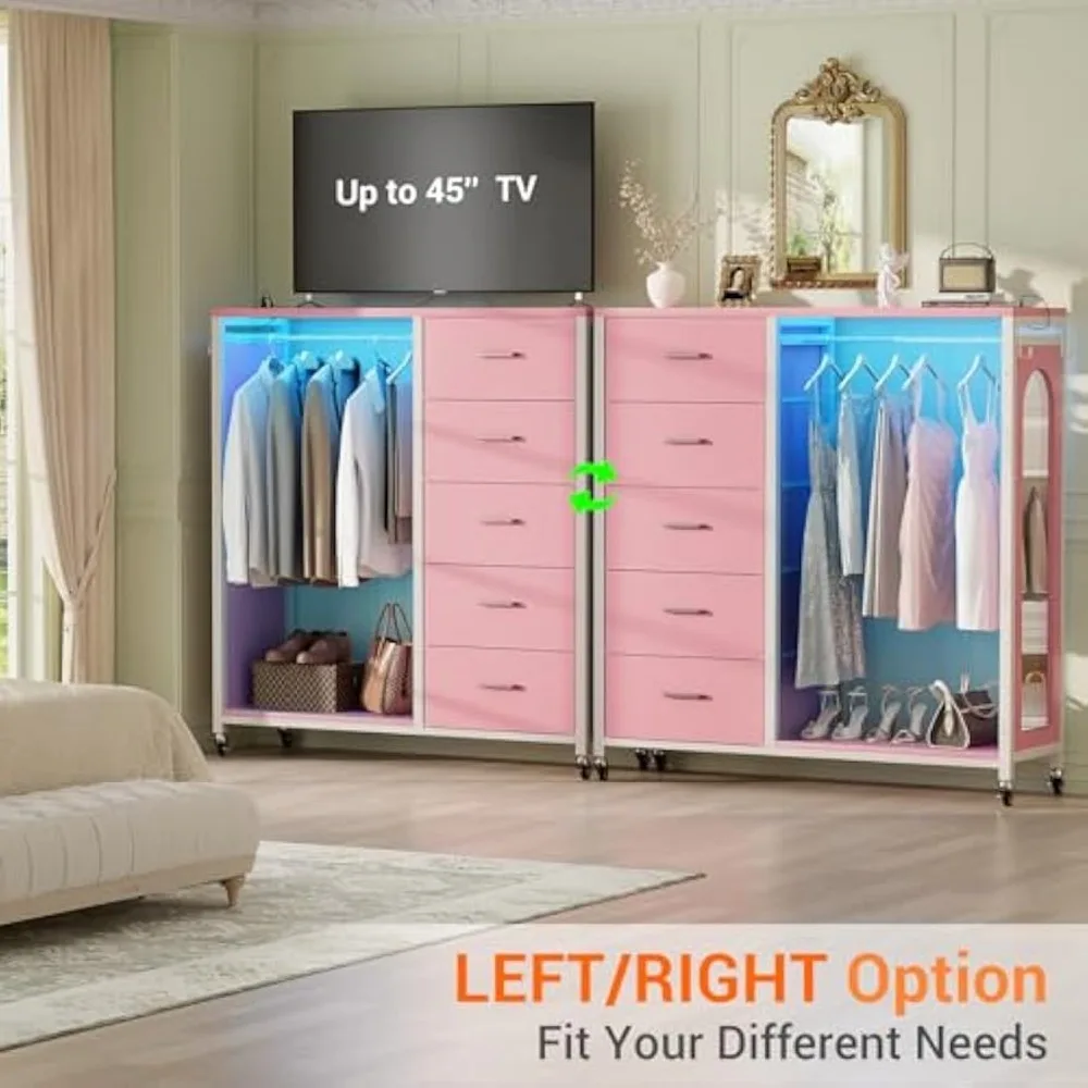 Cómoda de dormitorio con perchero, espejo, 5 cajones de tela, estación de carga, luces LED y función rodante