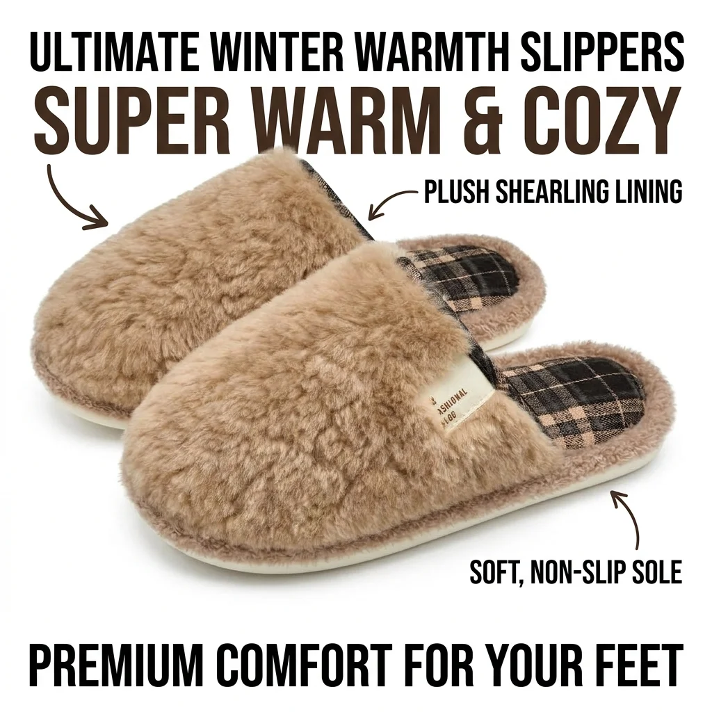 Winter Warm Plush Ankle Slippers for Men Women, Fluffy Fleece Lined Closed Back House Boots,  Non-Slip Sole Cozy Indoor Home
