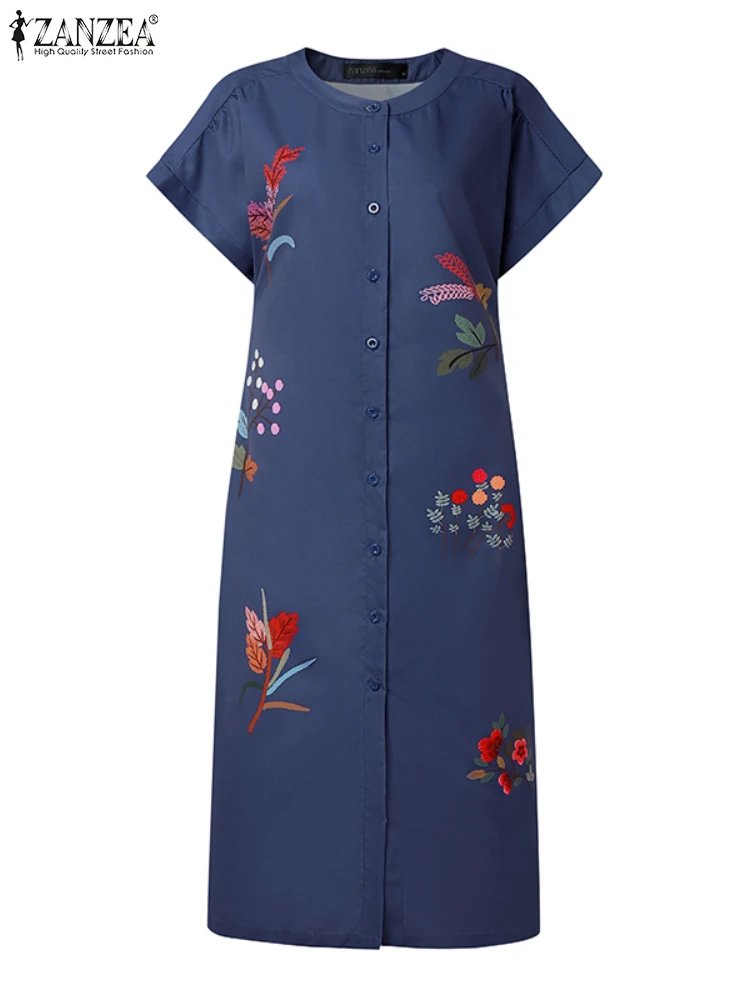 ZANZEA Damskie sukienki midi w kwiatowe wzory, eleganckie sukienki z dekoltem typu O, krótkim rękawem, zapinane na guziki, dopasowane, wiosenno-letnie ubrania damskie, rozmiar 3XL