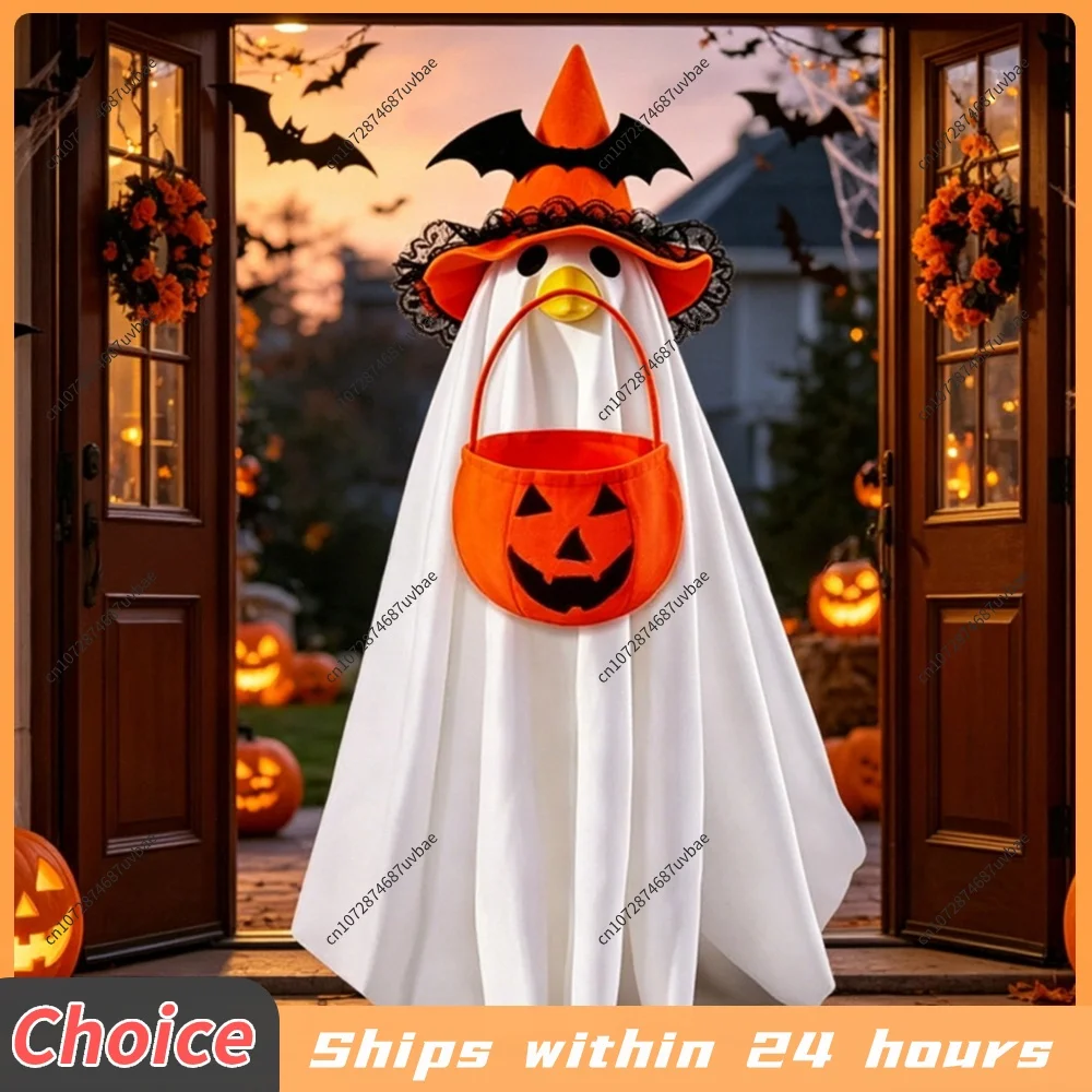 Halloween Ghost Goose Costume Set Wizard Hat Pumpkin Candy Bag Outdoor Yard Spooky Decorative Prop