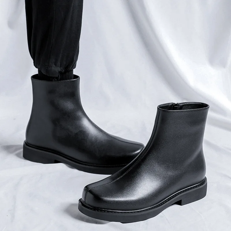 

2025 Men's Short British Black Round Head One Pedal Cigarette Trend Side Zipper motorcycle boots