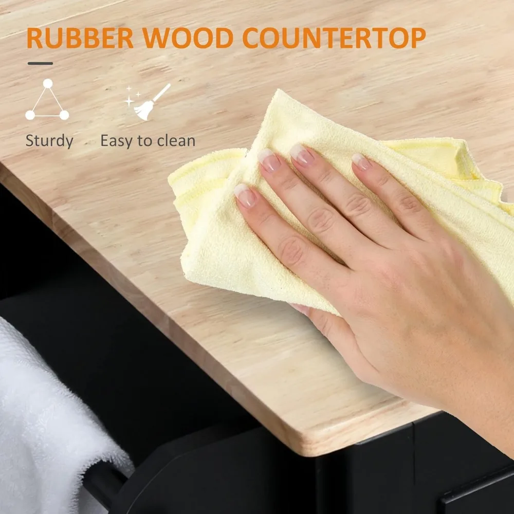   جزيرة المطبخ المتدحرجة مع أوراق قطرة، وعربة تخزين، ورف توابل ومنشفة، و3 أدراج، وبابين، باللون الأسود