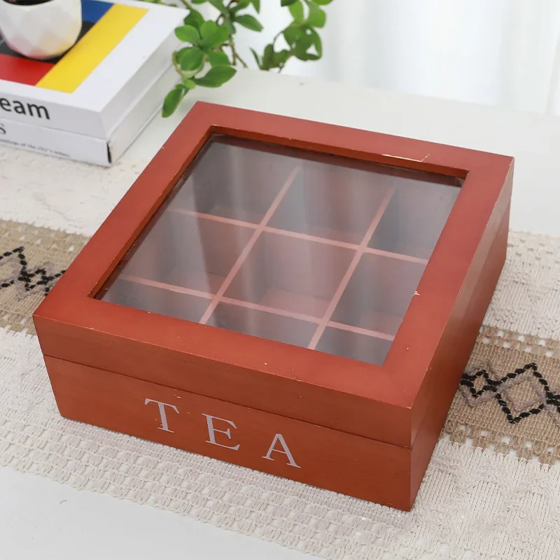 

Wooden Tea and Coffee Storage Box with Lid - 9 Compartments Organizer for Teabags Coffee Pods Teacup Infusers or Jewelry Storage