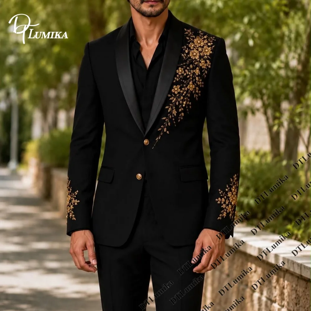 Men Ornate Accent 2‑Piece Tuxedo Suit, Fashion‑Forward Blazer & Matching Trousers, Bespoke Gentleman Outfit for Pageant Prom