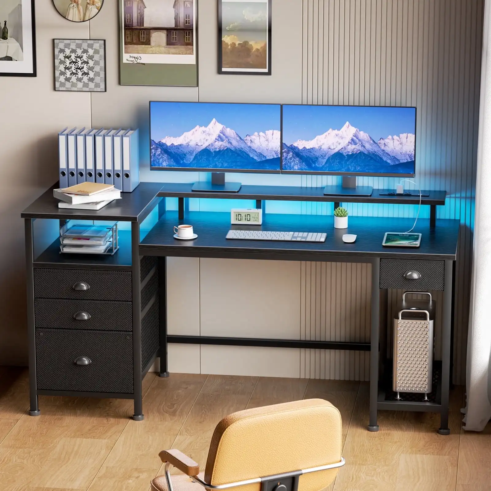 Computer Desk with 4 Drawers, 60 Inch Reversible Desk with Led Lights & Power Outlet, Home Office Desk with File Drawer & Monitor Stand, Black