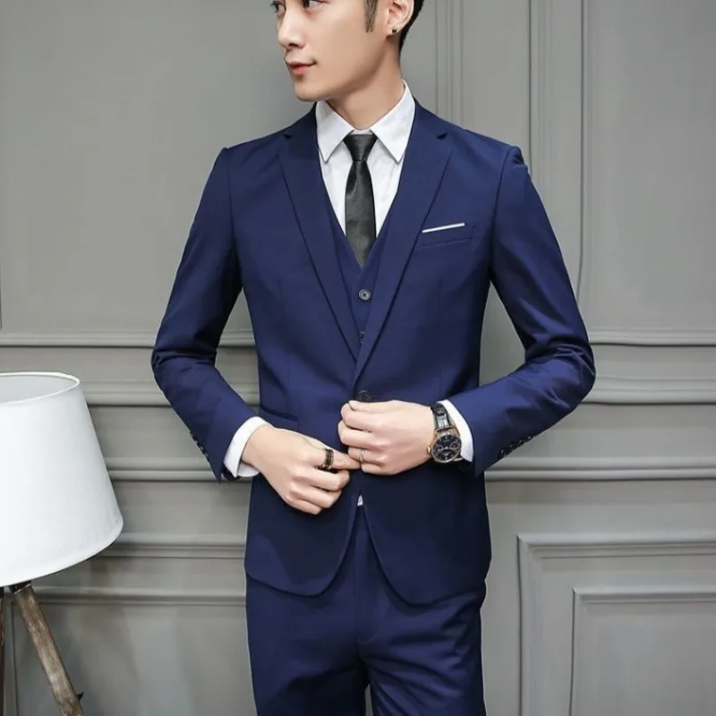 Men Suit 3 Piece Set Slim Fit Korean Style Best Man Groom Wedding Tuxedo Brother Group Formal Attire