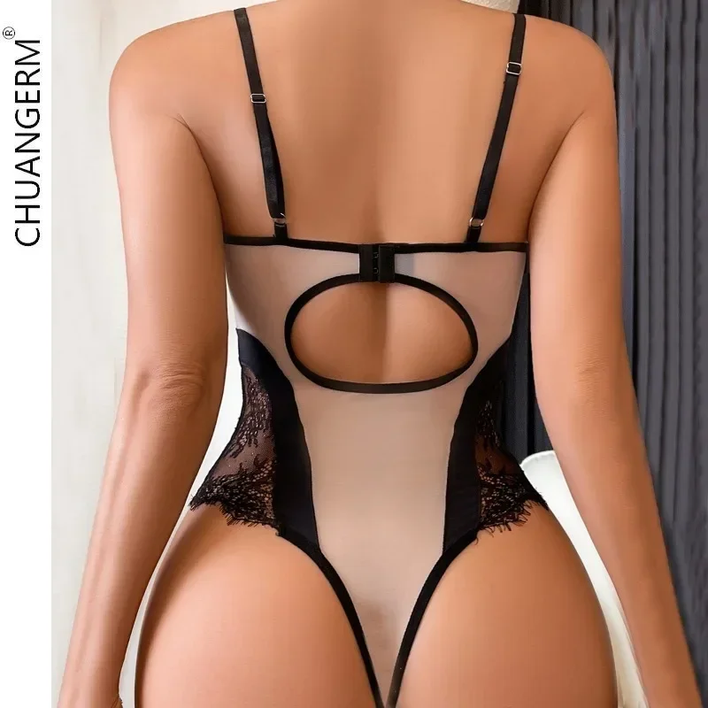 CHUANGERM Sexy Lingerie Open-back Gauze See-through Lace Patchwork Color Matching Jumpsuit Woman Sexy Lingerie Bodysuit Lingerie