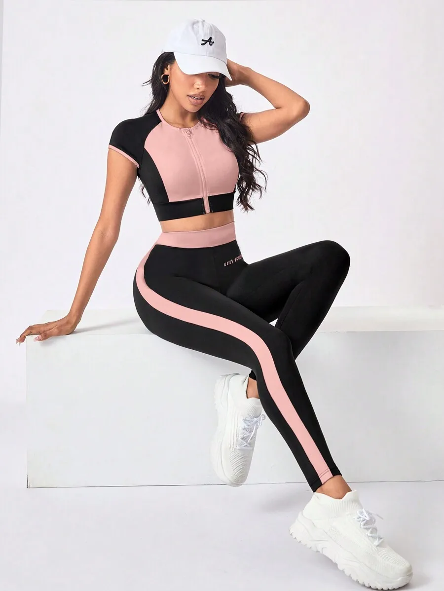 

2 Piece Contrast Color Zipper Crop Top And High Waist Leggings Workout Set For Women
