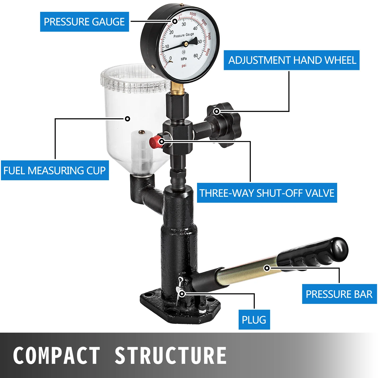 Imagem -04 - Vevor Diesel Injector de Combustível Testador 6000psi com Medidor de Dupla Escala Ferramenta de Teste Combustível do Motor Diesel Injector Bico Pressão Pop Tester