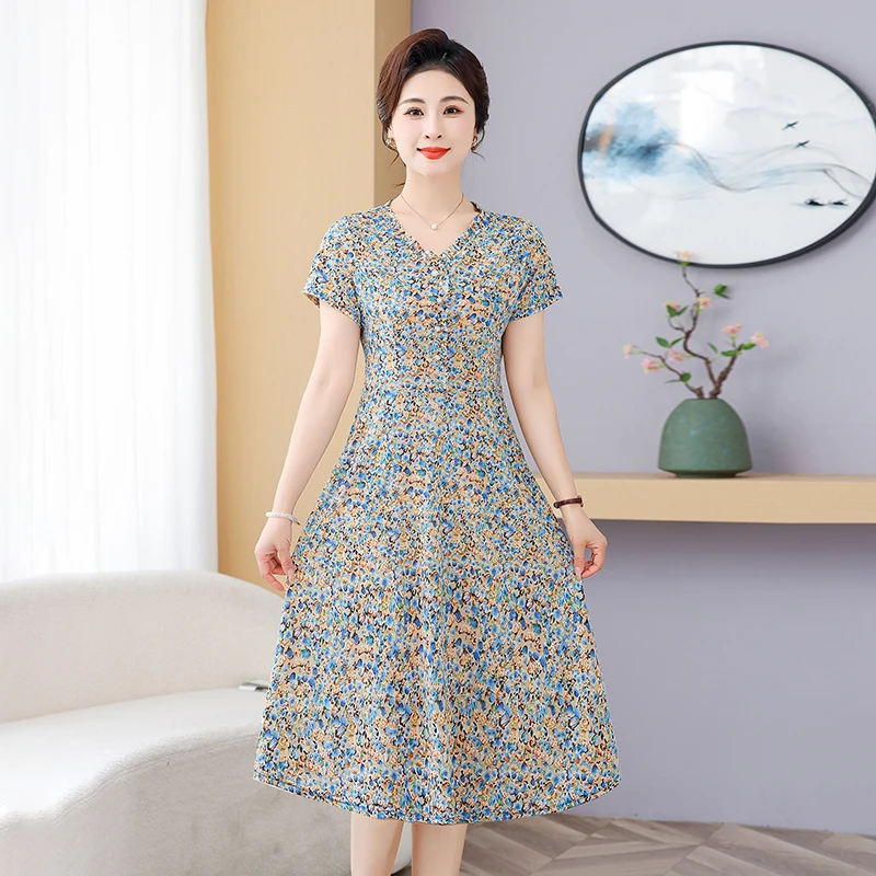 Robe mi-longue décontractée à col rond pour femme, vêtement à fleurs cassées, élégant, cordon de serrage, manches courtes, coréen, basique, ligne a, taille, été