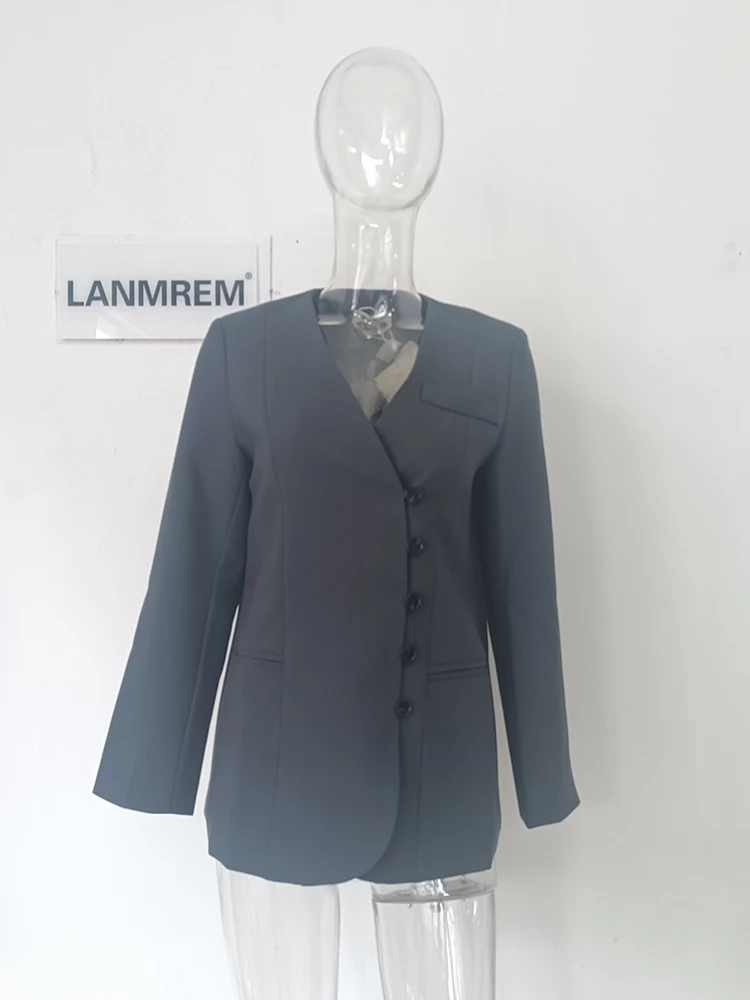 LANMREM V Neck Blazer Coat For Women Long Sleeves Single Breasted Split Office Lady Fashion Clothing 2024 Summer New 2DA5302