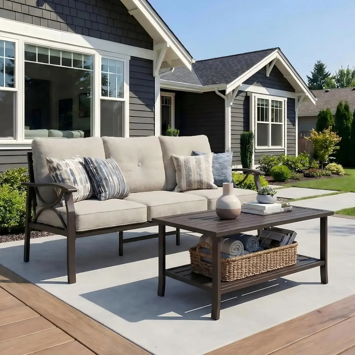 3 Seats Outdoor Patio Furniture Set, Outdoor Metal Sectional Furniture with Cushions, Outdoor Conversation Set with Coffee Table