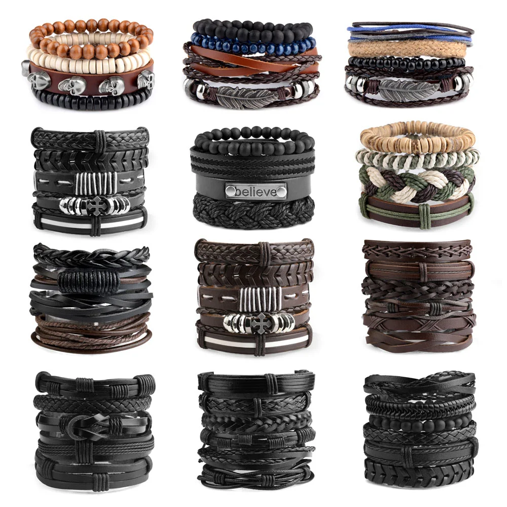 Retro Combination Leather Man Bracelet Multilayer Fashion Bangles Braided Handmade Rope Wrap Bracelet For Men Jewelry