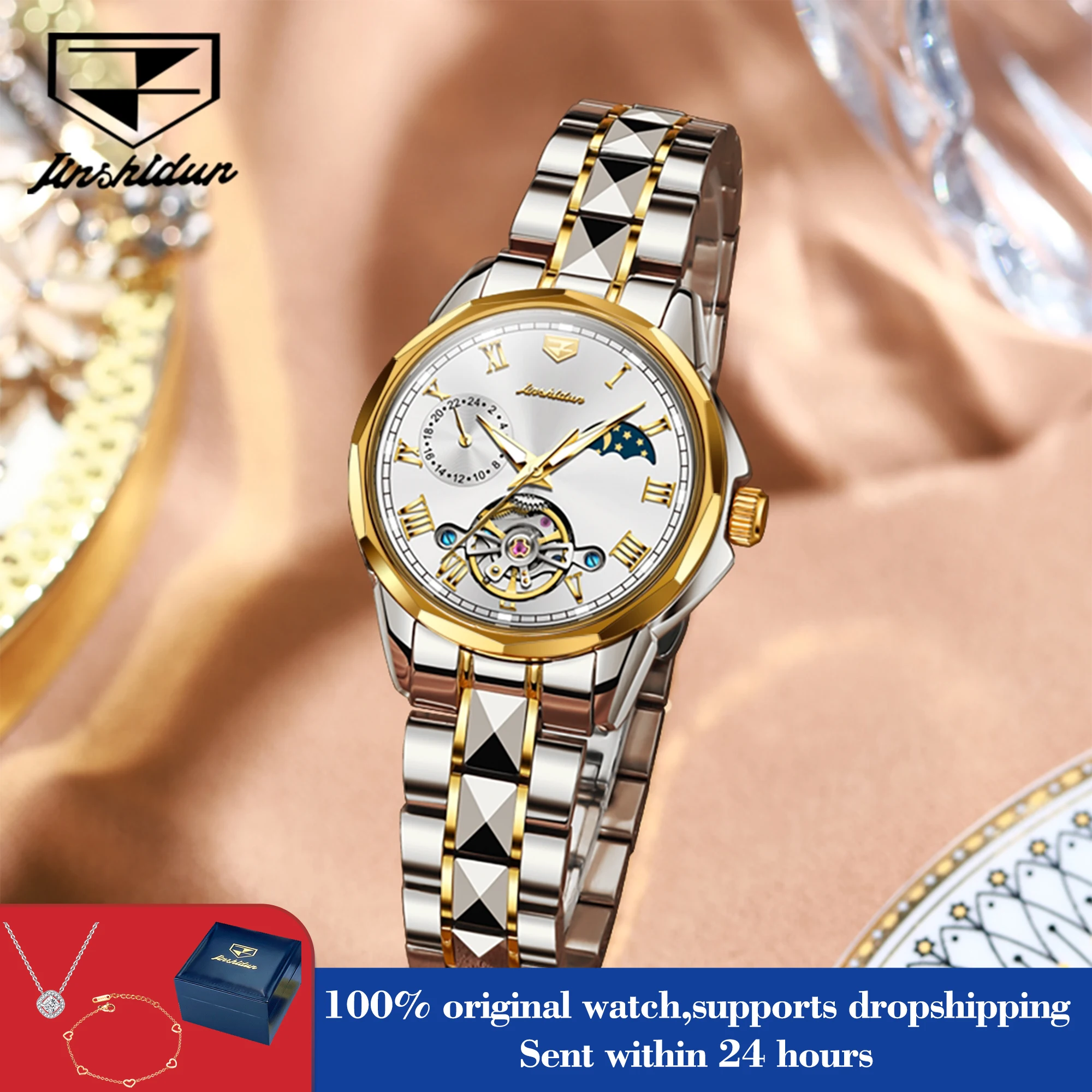 

JSDUN 8937 Woman Automatic Watch Fashion Mechanical Watch For Women Tungsten Steel Strap Moon Phase Hollow Waterproof Hand Clock