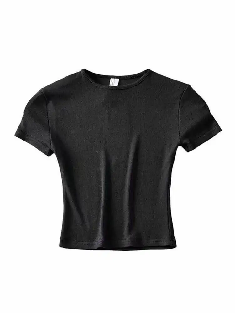 

Summer Woman Slim Fit T Shirt Tight Cotton Short Sleeve O Neck Tee Crop Tops