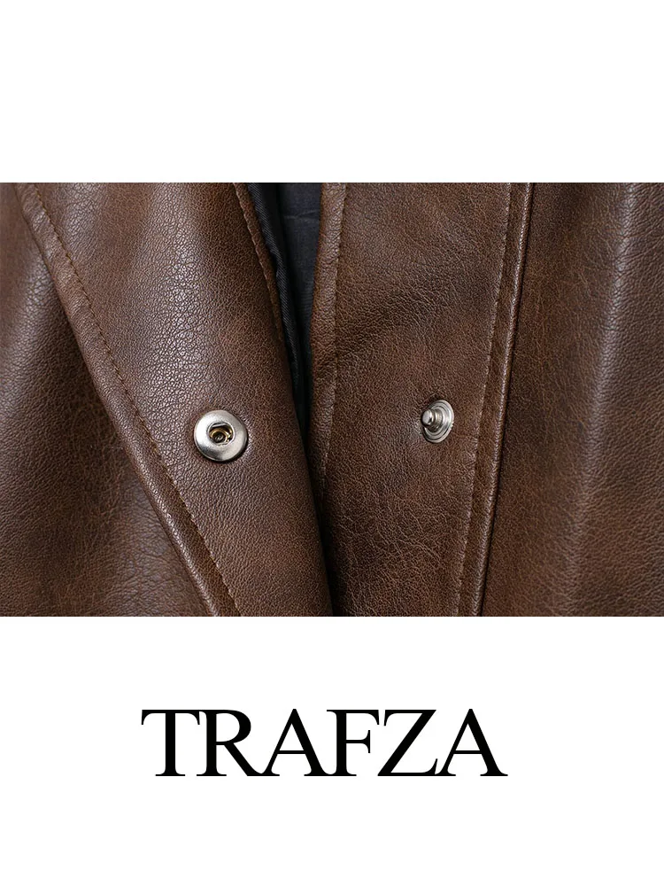 Trafza เสื้อแจ็กเก็ตผู้หญิง, เสื้อโค้ทสไตล์สตรีทกระดุมแถวเดียวแขนยาวคอปกเสื้อล้วนมีกระเป๋าแฟชั่นฤดูใบไม้ร่วง