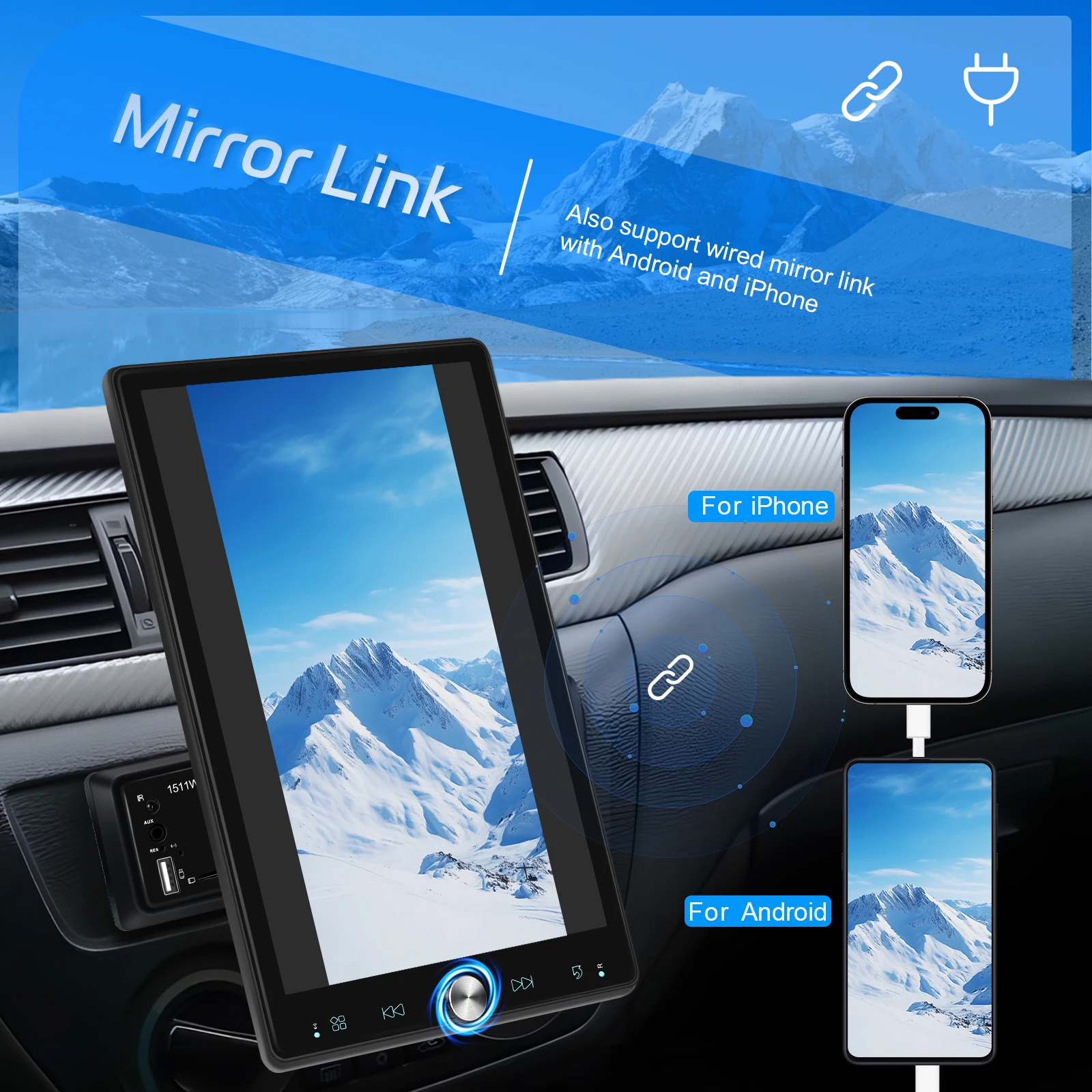 Podofo 10,4'' Manuell Schwenkbares 1DIN Autoradio Kabelloses Carplay Android Auto Multimedia-Player Spiegelverbindung BT FM/RDS Radio EQ – Detail 5