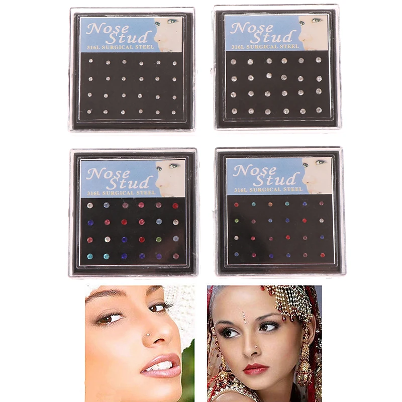 24 Pcs/Box Nose Ring Set Women Girl Rhinestone Stainless Surgical Steel Piercing Crystal Nose Stud Lot Body Jewelry