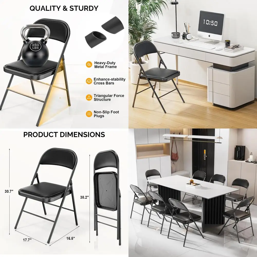 

Portable Padded Folding Chair, Ideal for Outdoors, Office, Weddings, Black PU Leather, Set of 4