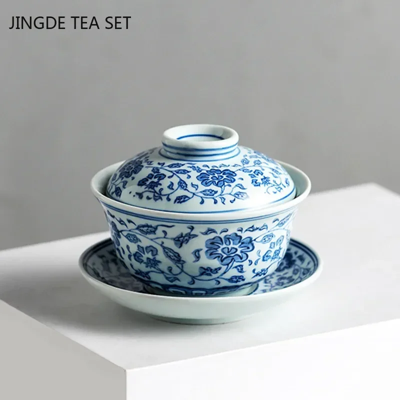 Jingdezhen porcelana azul e branca gaiwan xícara de chá de cerâmica artesanal tigela de chá de viagem aparelho de chá chinês copo pessoal 200ml