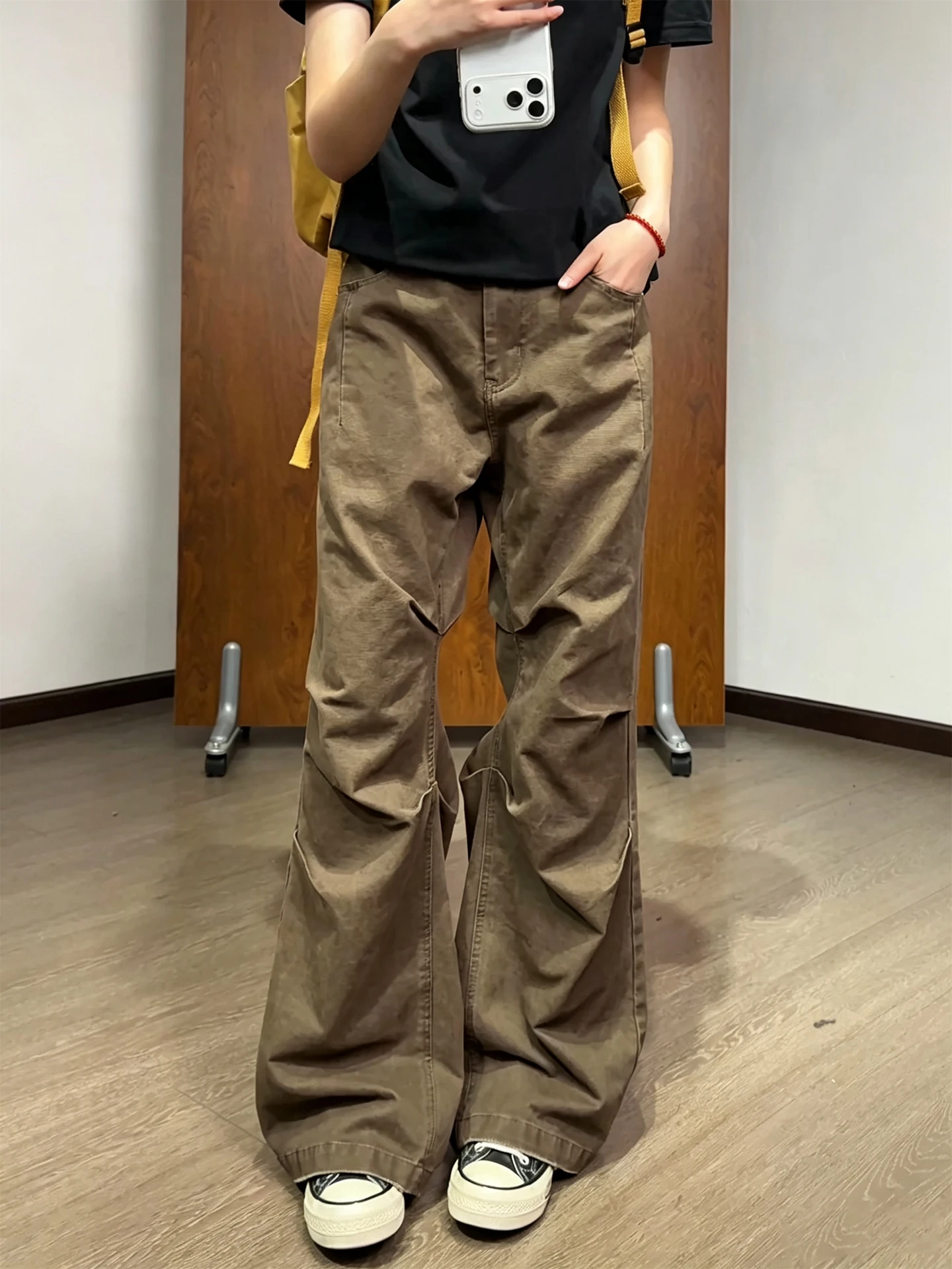 

Cafe Brown American Retro Pleated Work Pants Men's High Street Vibe Flared Denim Jeans Straight Cut Knife Jeans