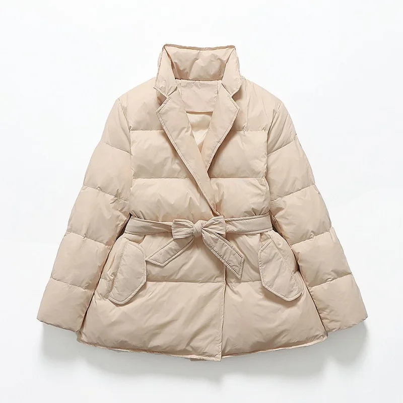 

Winter New Turn Collar White Duck Down Jacket for Women Short Style with Waist Belt Stylish Thick White Duck Down Coat
