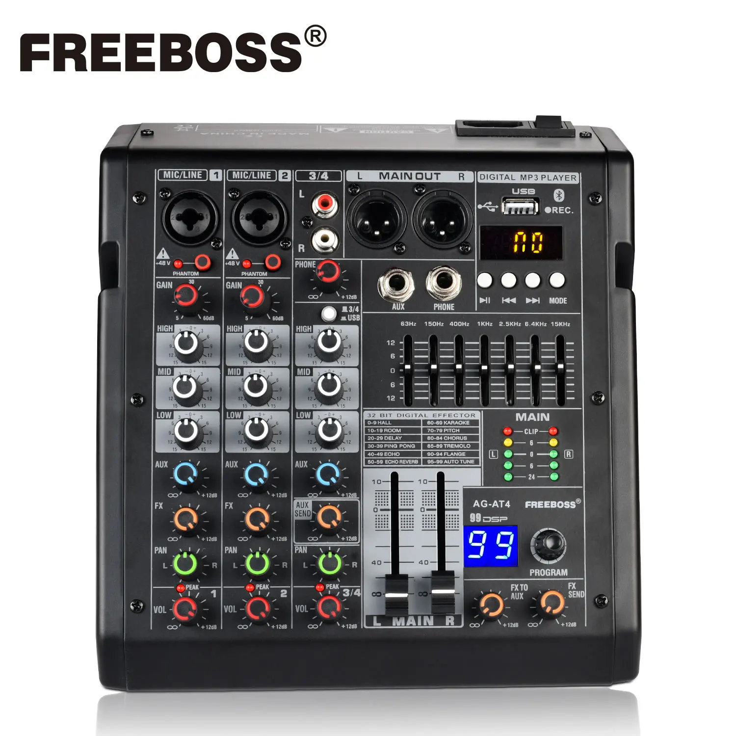 

FREEBOSS 4 Channels Mixing Console Bluetooth 99 Effect Audio Mixer USB Play Record 7-band EQ 48V Studio Party Sound Table AG-AT4