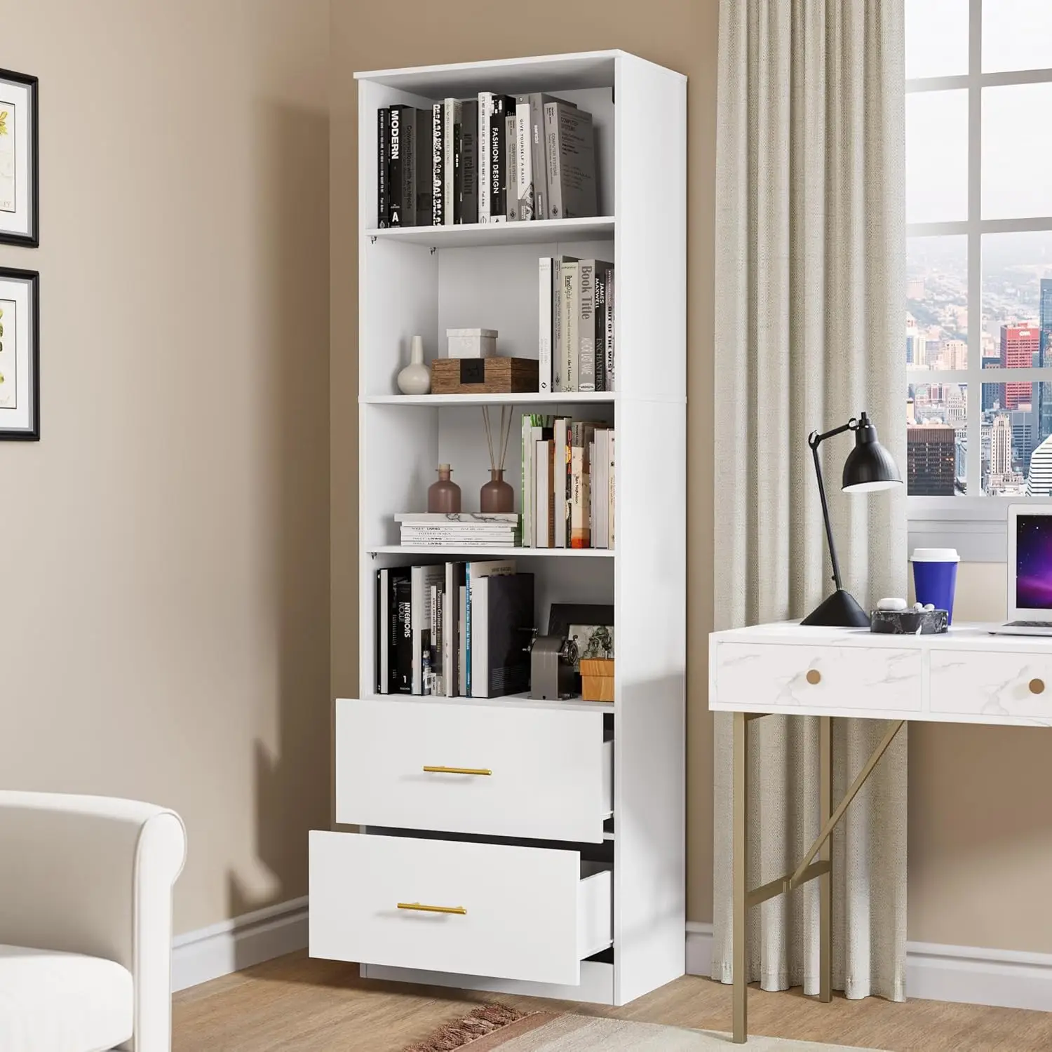 Cozy Castle 74.1'' White Bookcase with Drawers, 4-Tier Freestanding Shelf, Adjustable Shelves for Bedroom, Living Room, Office.