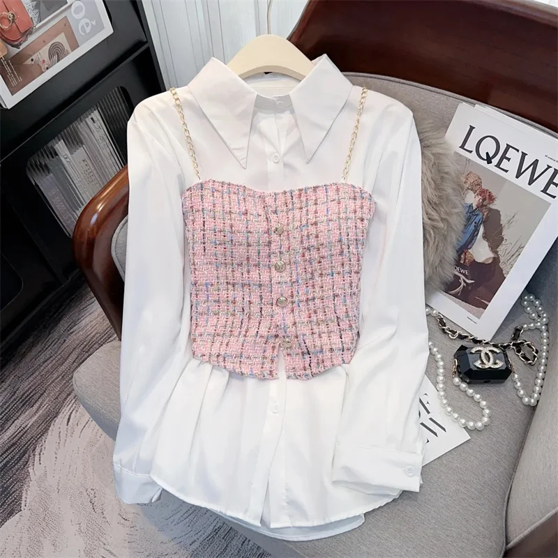 Small Fragrant Coat Check Suspenders Vest +Whiter Blouse Two-piece Set Women Spring Summer New Cardigan Shirts 2PCS Women Outfit