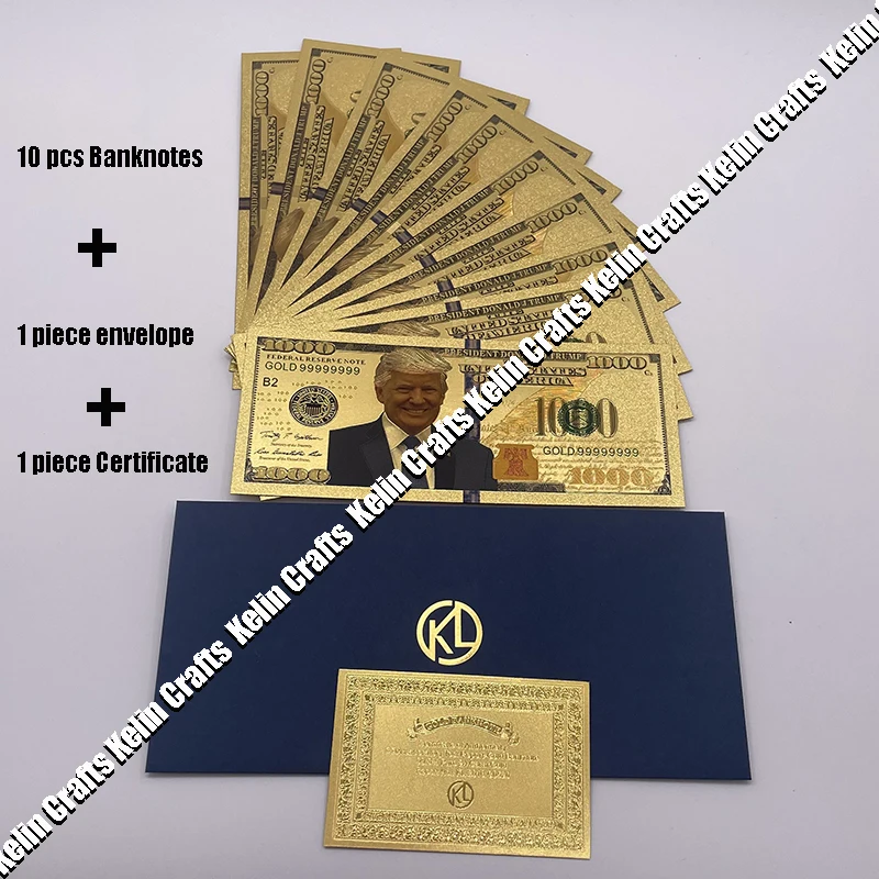 10 pcs/lot US president Donald Trump 24K Gold foil banknotes 1000 dollar Bills In envelope souvenir cards 2024 collectibles