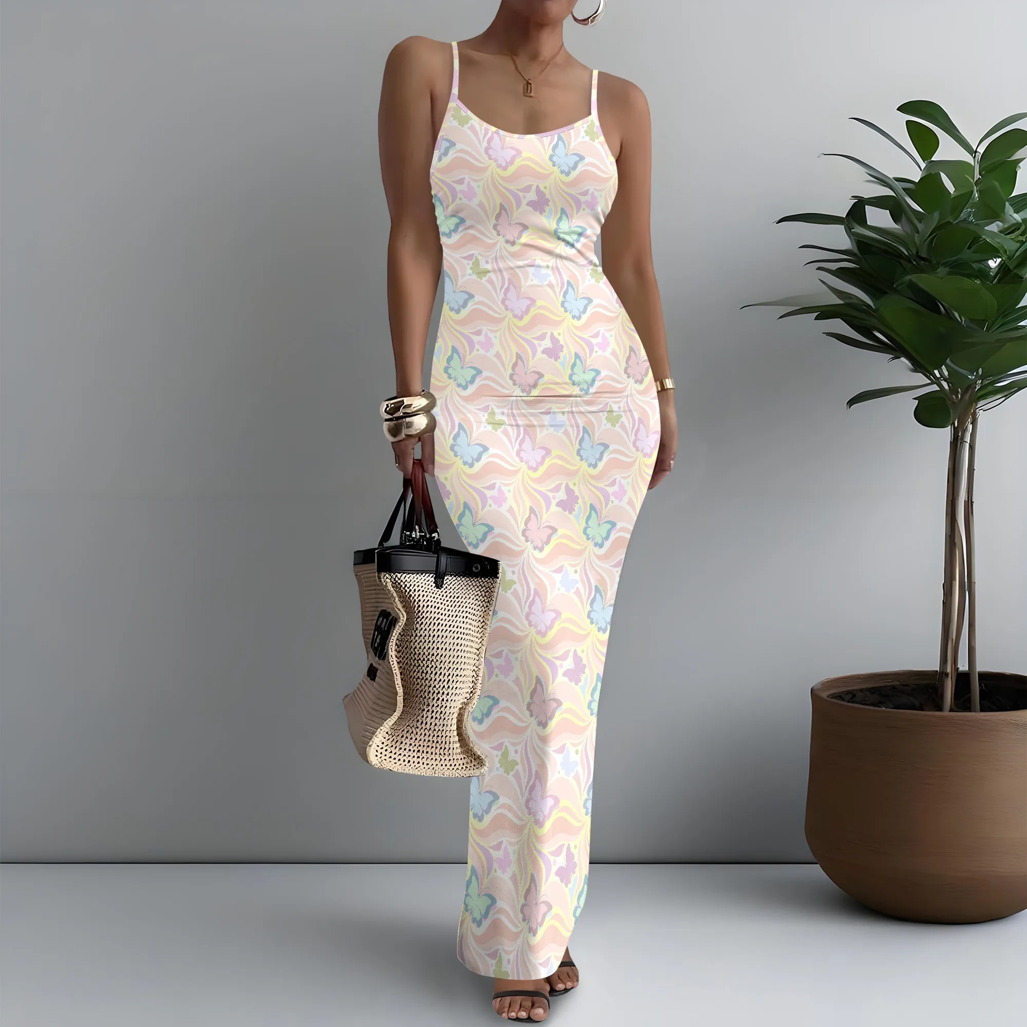 

Women's Spaghetti Strap Maxi Dress Cottagecore Butterfly Print Lovely XS-3XL