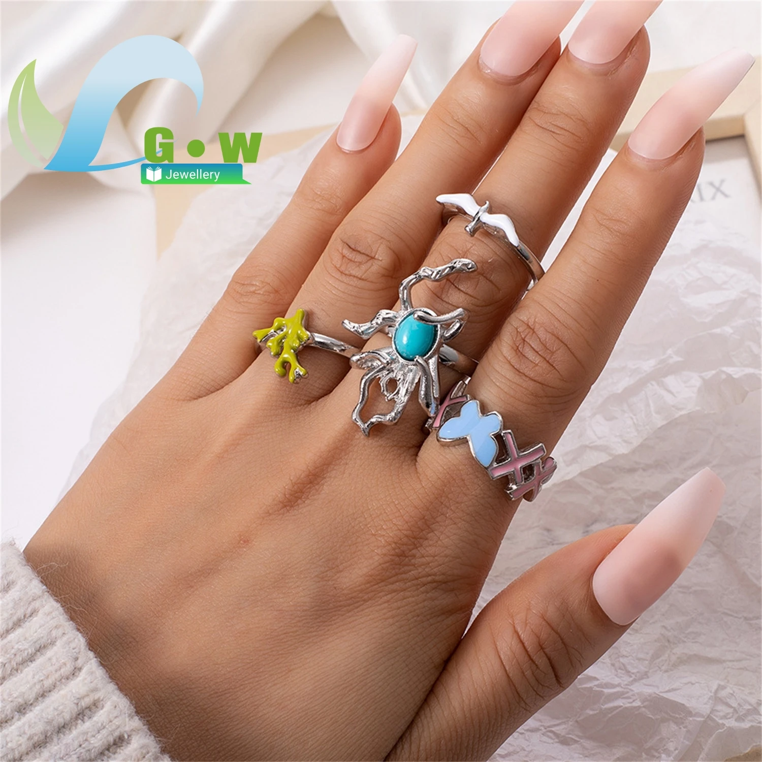 

Coral Spider Butterfly Eagle Ring Set Drip Paint Design 4 Piece European Style Jewelry Direct Factory Wholesale