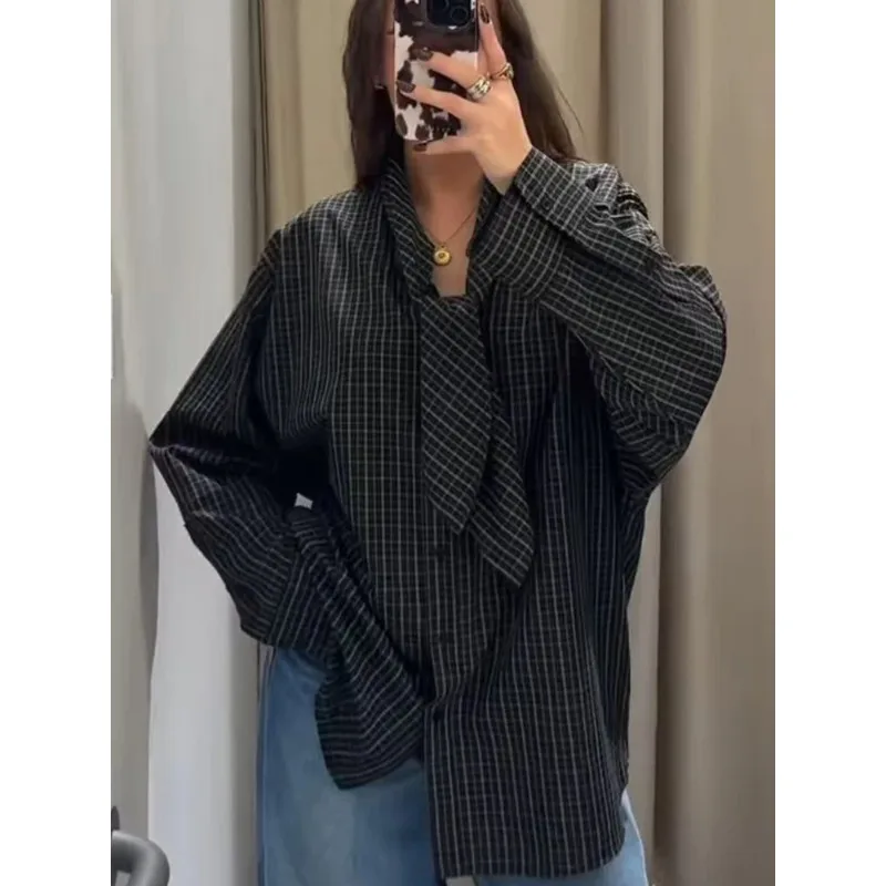 

Women Vintage Oversized Shirt Long Sleeve Plaid Button Down Blouse 2026 Spring Autumn Scarf Collar Fashion Shirt Casual Style
